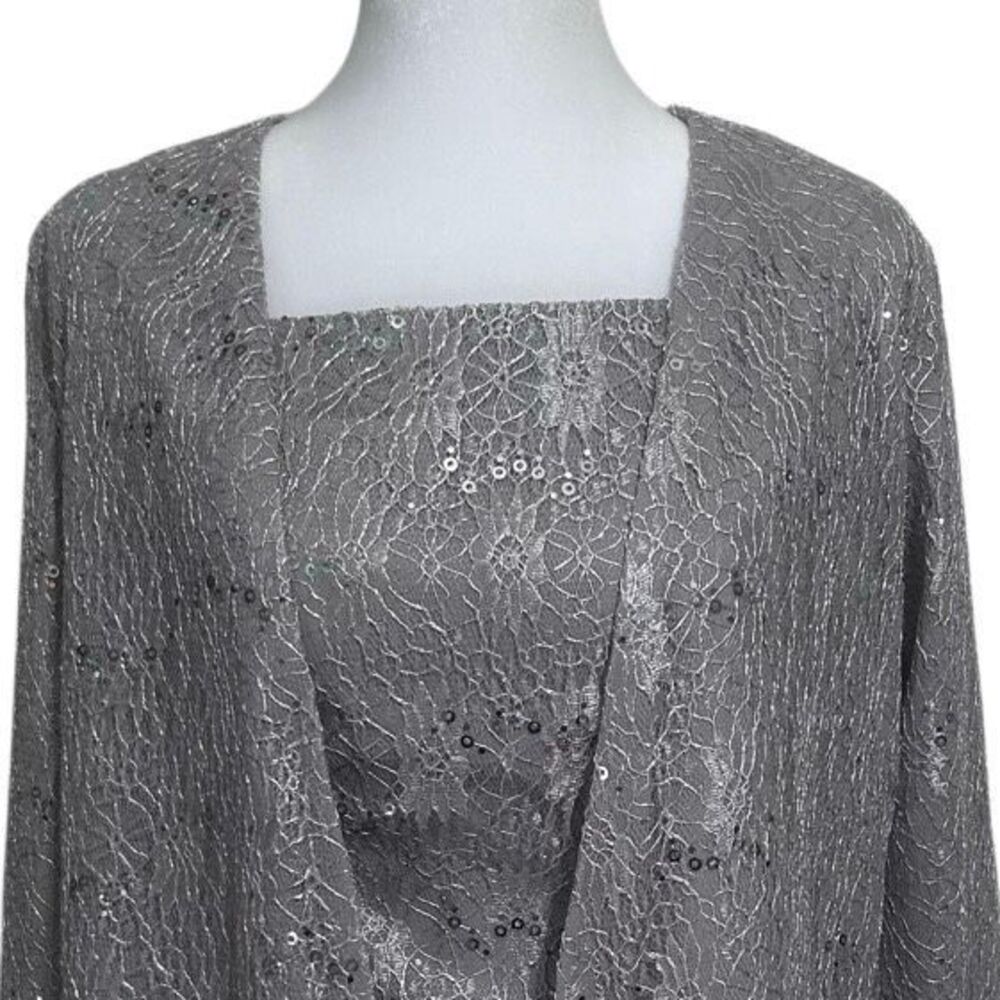 NWOT Formal Pantsuit 3Pc Set Small Gray Silver Sequined Lace Top Jacket & Pants - Picture 5 of 12
